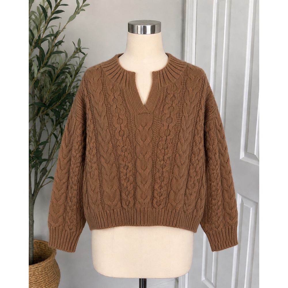 Grandma-Core Sweater A New Day Brown Cable Knit V-Neck Wool Blend Size Medium